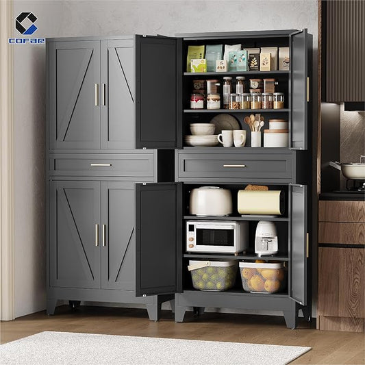 COFaR 71 in Tall Kitchen Pantry Cabinet with Drawer, Metal Pantry Storage Cabinet with 4 Adjustable Shelves and 4 Barn Doors, Freestanding Farmhouse Food Cupboard for Dining Room Garage, Black 6-Tier