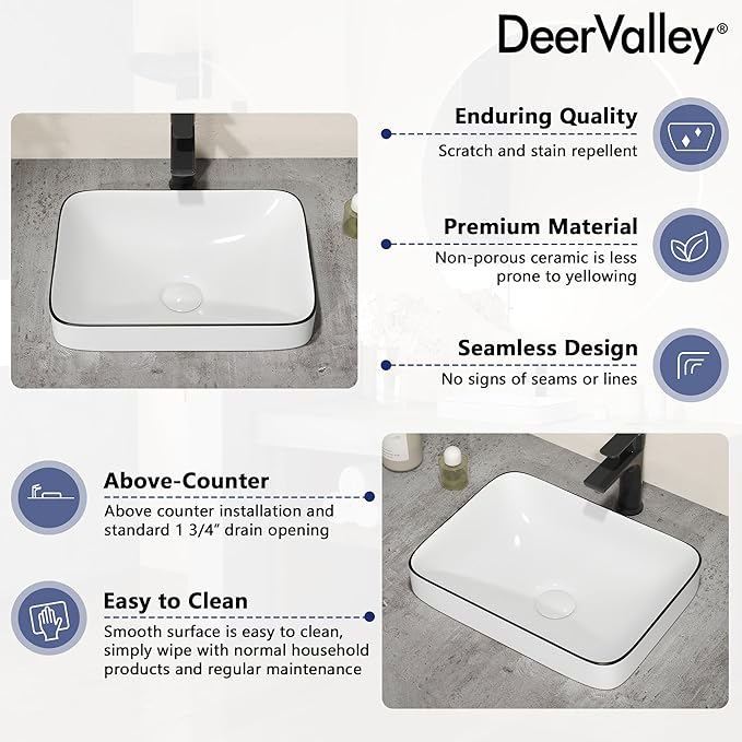 DeerValley Liberty 15.94x12.01 Inch Semi-Recessed Bathroom Vessel Sink, White Ceramic Rectangular Sink with Black Rim, Model DV-1V0347