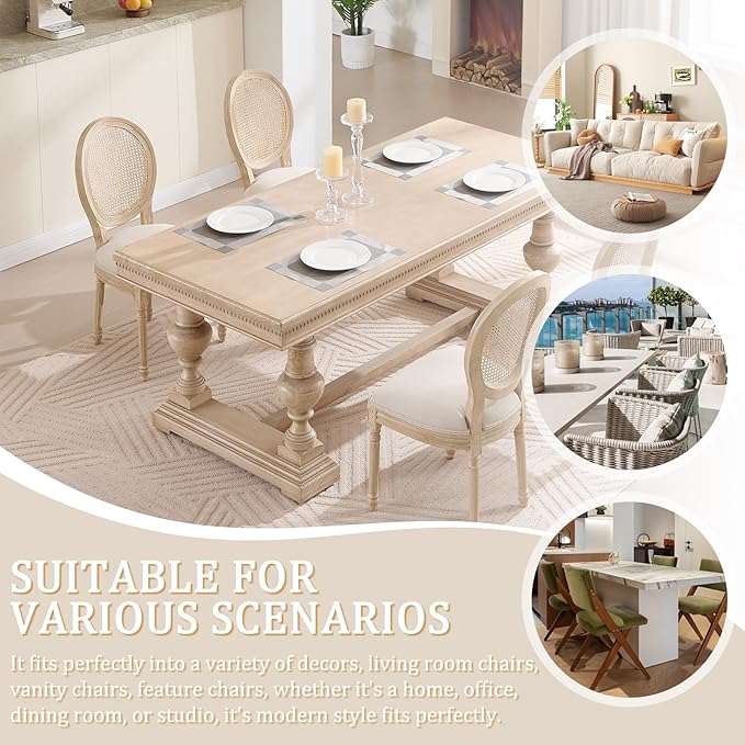 French Country Dining Chairs Set of 2, Upholstered Rattan Dining Chair with Round Backrest, Farmhouse Vintage Dining Chairs for Living Room, Kitchen, Restaurant (Beige-Rattan, Set of 2)