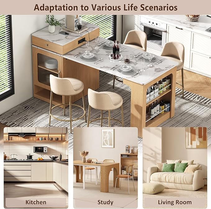 Domesto 59.5" Kitchen Island with Extendable Dining Table,Kitchen Storage Table with Double-Sided Storage, Kitchens Island with 2 Drawers, Power Outlet, Side Open Shelves (Naturl)