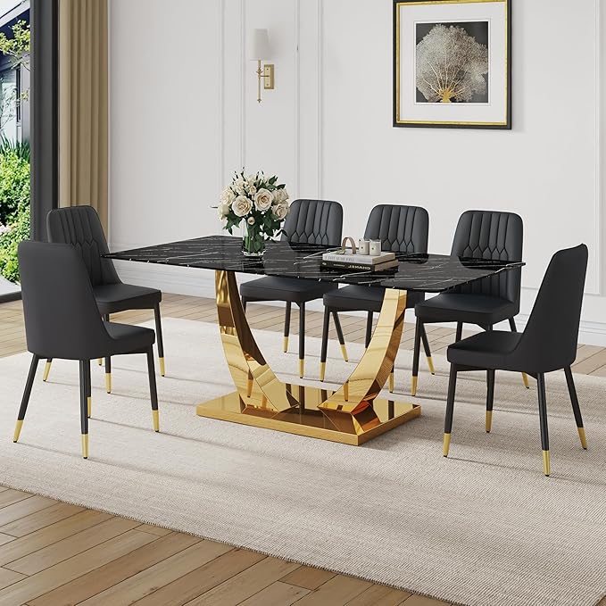 Modern Kitchen Table, Faux Marble Dining Table with 0.4" Thick Tempered Glass Top, 71" Black Dining Room Table with Gold U-Shaped Metal Base for Kitchen Dining Room