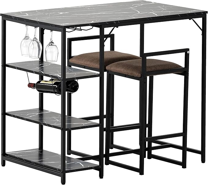 5-Piece Metal Dining Room Furniture Set with Marble Dining Table and 2 Stools/1 Kitchen Island/1 Wine Rack Table, Ideal for Small Small Apartment, Studio (Black + Metal-1)
