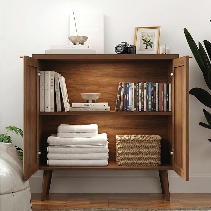 Natural Wood 29.5" Modern Fluted Sideboard – 2-Door Buffet Cabinet with Adjustable Shelves, Multi-Space Storage Credenza for Living Room, Dining Room & Entryway