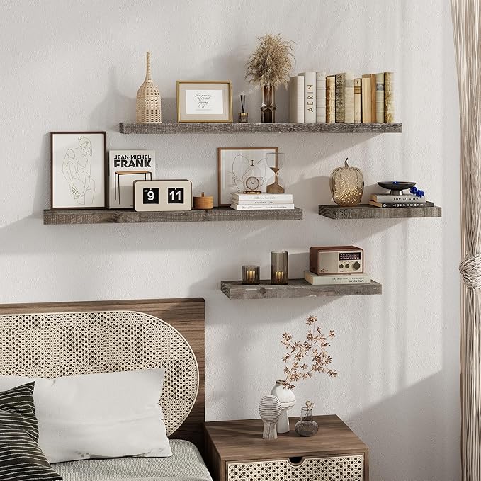 FLYJOE 44 Inch Long Solid Wood Floating Shelves for Wall,Reclaimed Wood Wall Shelf for Storage,8 Inch Deep Heavy-Duty Wall Mounted Shelves with Invisible Brackets for Living Room,Bedroom,Kitchen,Grey