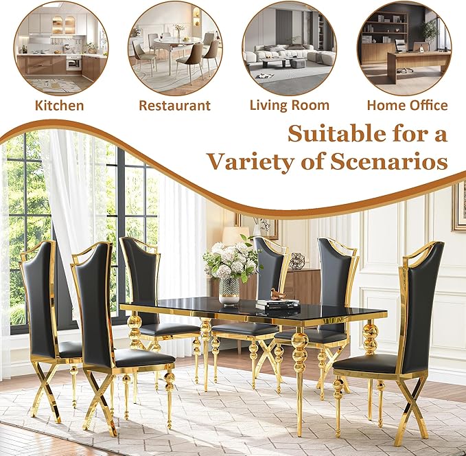 Glass Dining Table Set for 6, Luxurious 70 Inch Rectangular Kitchen Table with Black Tempered Glass Top, 6 Black PU Leather Cushion Chairs for Dining Room, Restaurant, Living Room
