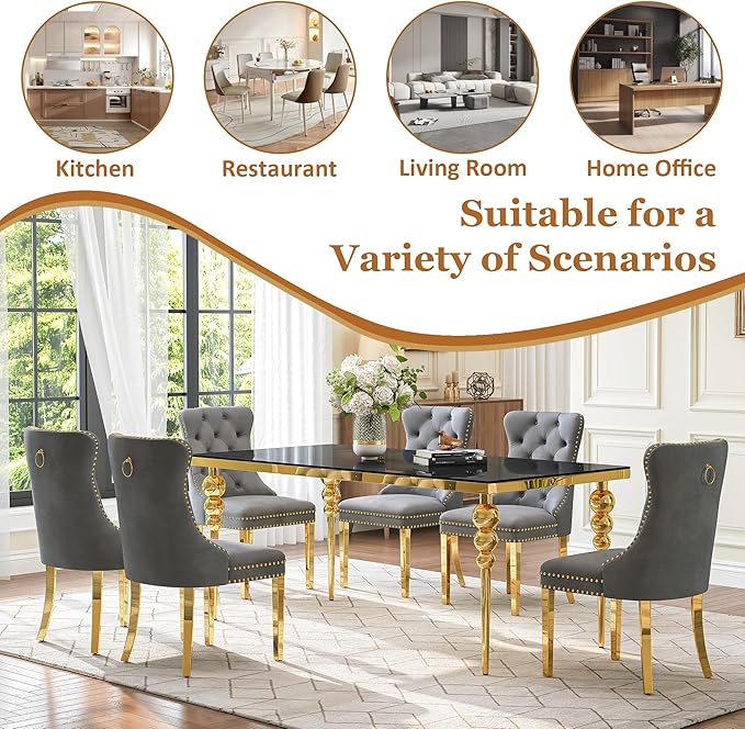 7 Piece Glass Dining Table Set, Modern 70 Inch Gold Rectangular Glass Kitchen Table, 6 Gray Exquisite Velvet Cushion Chairs for Living Room, Restaurant (Black-Top)