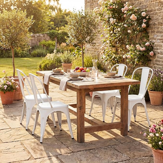 Shahoo Metal Dining Chairs Classic Iron Stackable Industrial Vintage Trattoria with Back, Indoor-Outdoor Side Settee for Home Bistro Cafe Kitchen Restaurant Set of 4, White