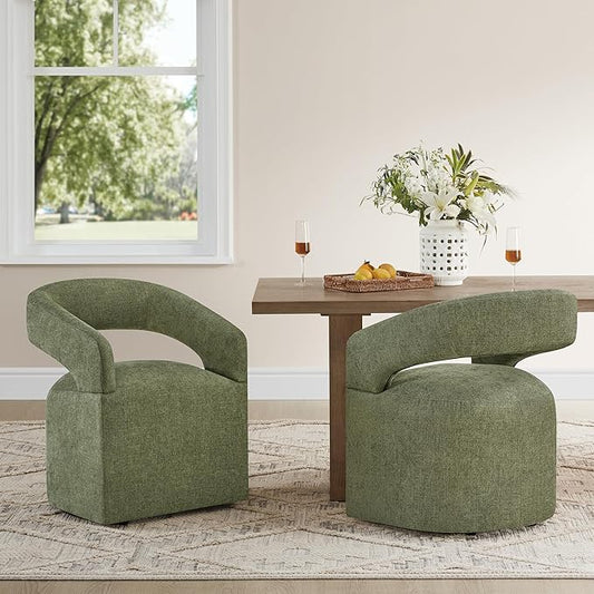 KISLOT Upholstered Dining Chairs with Casters, Modern Barrel Side Armchair with Rollers for Dining Room, Bedroom, Kitchen, Reading Room, Green, Set of 1