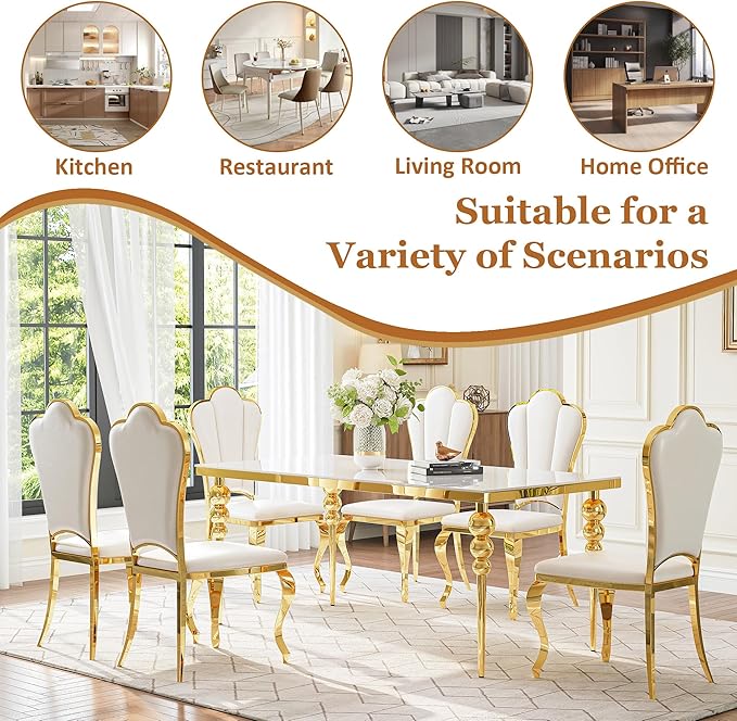 Luxurious 7 Piece Dining Table Set, 70 Inch White Glass Kitchen Table and 6 White Petal Back Chairs with Gold Stainless Steel Legs, for Dining Room, Living Room, Restaurant