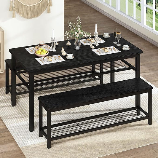 AWQM 43.3" Dining Table Set for 4, Kitchen Dining Table with 2 Benches, Dining Room Table Set with Metal Frame & Storage Rack for Kitchen, Restaurant, Black