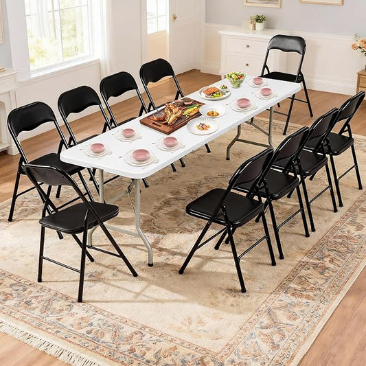 Elevon Folding Table Set with 10 Black Folding Chairs,8 Feet Heavy Duty Fold-in-Half Utility Table Sets for Picnic, Event, Training, Outdoor Activities, at Home and Commercial Use