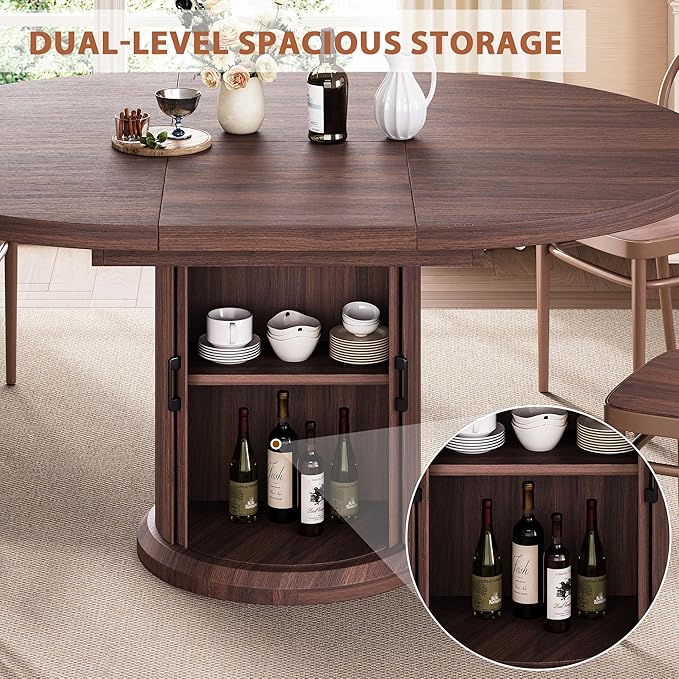 Jocoevol 47β³β63β³ Extendable Round Dining Table for 4β8 with Dust-Proof 2-Tier Storage Shelf Space Saving Expandable Wood Oval Circle Dinner Furniture with Pedestal Base (Black)