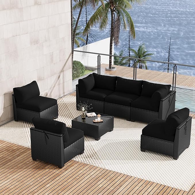 LOUVIXA 7 Piece Outdoor Patio Furniture Set, Outdoor Sectional Sofa, Wicker Rattan Patio Furniture, Patio Conversation Set with Coffee Table & Cushions
