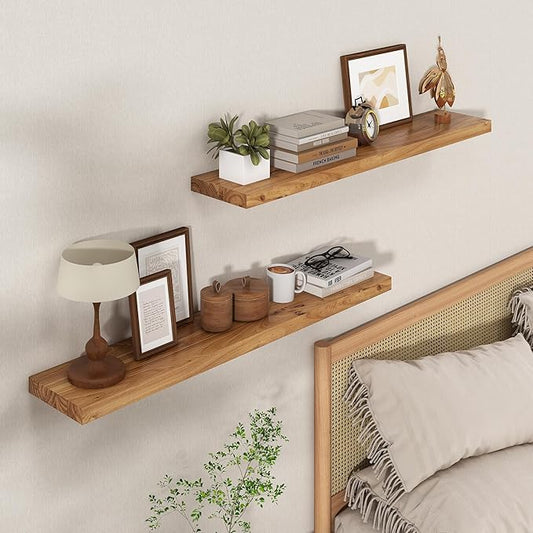 Axeman Floating Shelves for Wall, 8 Inch Deep Rustic Solid Elm Wood Wall Shelves for Storage, Wall Mounted Display Shelving with Invisible Heavy-Duty Metal Bracket, 36'' Width Set of 2, Natural