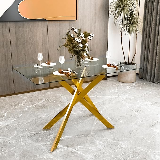 Henf 51.18'' Glass Dining Table for 4-6 People, Rectangular Kitchen Table with Gold Metal Legs, Tempered Glass Top Dining Room Table for 4
