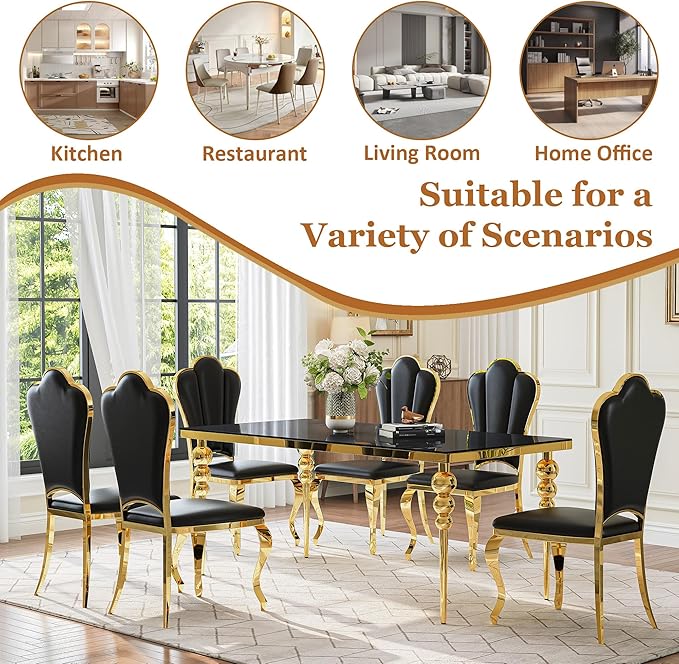 Luxurious 7 Piece Dining Table Set, 70 Inch Black Glass Kitchen Table and 6 Black Petal Back Chairs with Gold Stainless Steel Legs, for Dining Room, Living Room, Restaurant