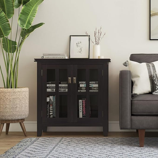 SIMPLIHOME Artisan Storage Cabinet - 30 inch Wide Solid Wood Low Storage Cabinet in Hickory Brown, Contemporary Accent Cabinet for Living Room or Dining Room with Glass Doors and Adjustable Shelves