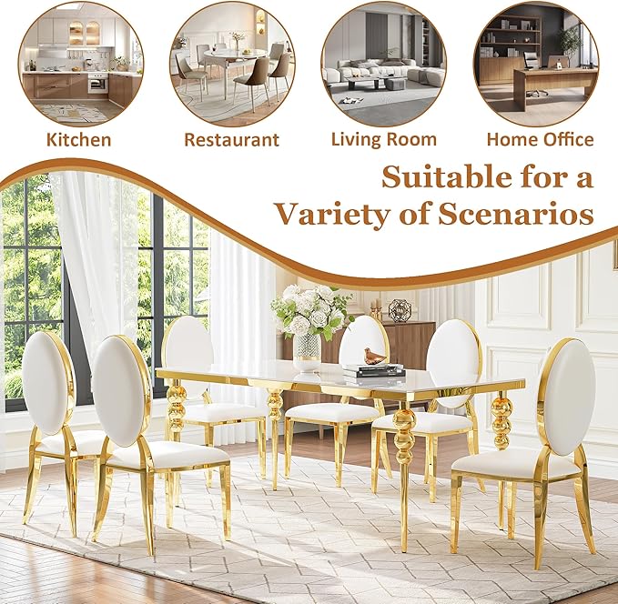 7 Piece Dining Table Set, 70 Inch Rectangular Glass Kitchen Table with 6 Round Back Leather Chairs, for Dining Room, Living Room, Restaurant (Gold-White)