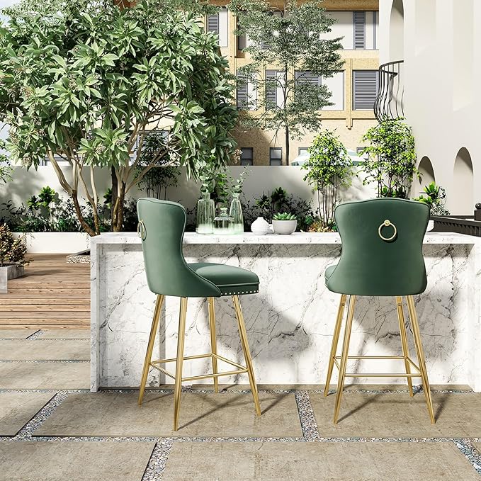 Luxurious Velvet Counter Height Bar Stools Set of 2 with Metal Legs, Button Tufted, Nailheads Trim, Wing-Back Bar Chairs for Kitchen Island Dining Room Pub(Green)