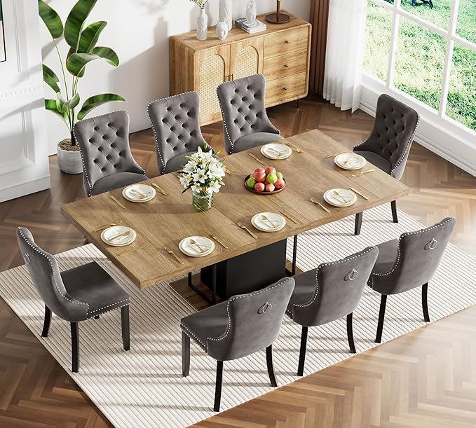 78.74" Wooden Extendable Dining Table for 8-10 People, Modern Farmhouse Expandable Kitchen Table with Black Pedestal Base, Long Large Rectangular Extendable Kitchen Dining Room Table, Brown