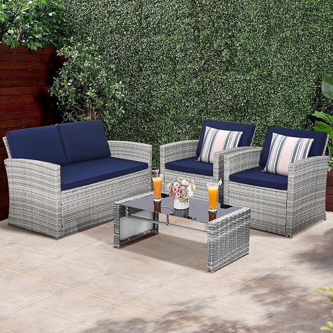 KROFEM 4-Piece Patio Furniture Set, Wicker Outdoor Rattan Sectional Sofa with Cushions and Glass Table, All-Weather Outdoor Conversation Set, Ideal for Garden, Porch, Backyard, Navy