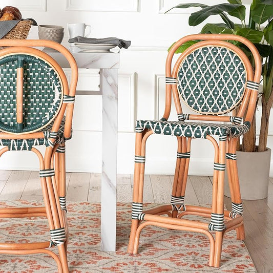 Bali & pari Mattie Rattan Bistro Counter Stool - Handwoven Accent Seating with Backrest for Kitchen Island or Indoor/Outdoor Lounge, Dark Teal Green & White