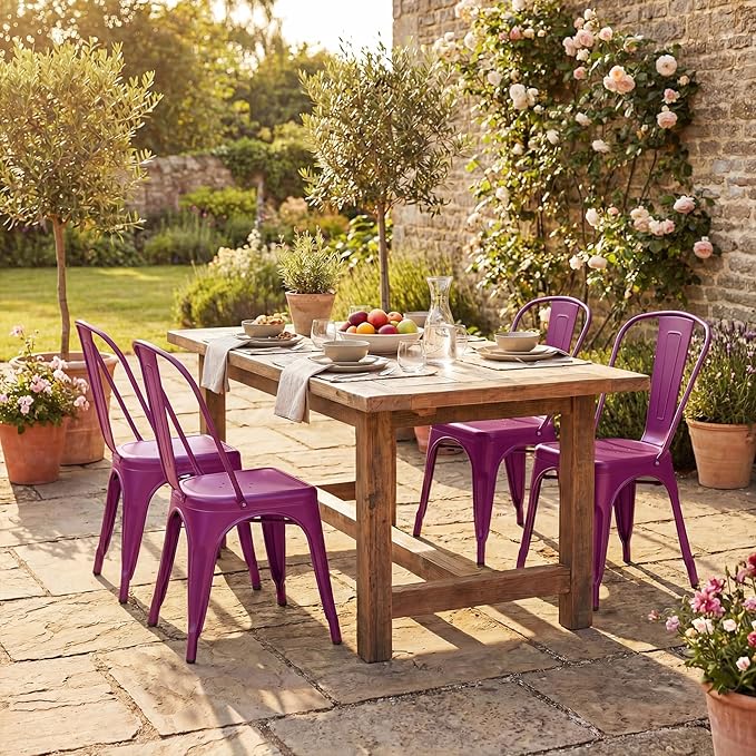 Shahoo Metal Dining Chairs Classic Iron Stackable Industrial Vintage Trattoria with Back, Indoor-Outdoor Side Settee for Home Bistro Cafe Kitchen Restaurant Set of 4, Purple