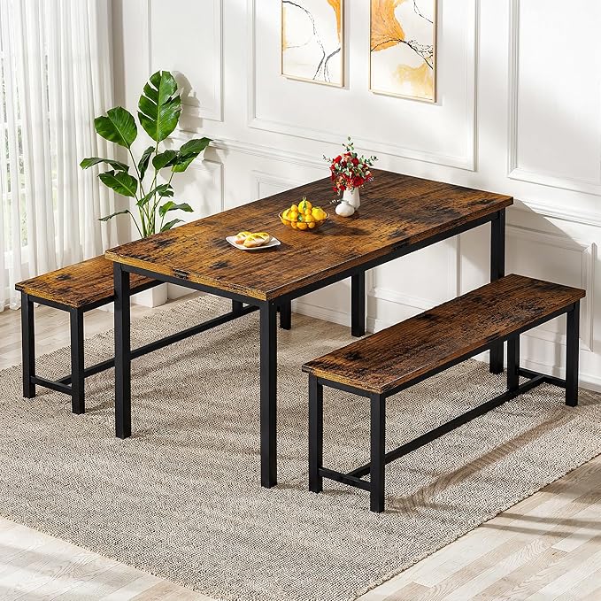 Lamerge Dining Room Table Set with 2 Benches, Dining Table Set for 4-6, Kitchen Table Set for Home Kitchen, Dining Room, Restaurant, Space Saving, Rustic, 3 Pieces Dining Furniture Set (05-Brown)