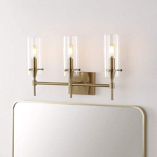 JONATHAN Y 21.25" Brass Gold/Clear Modern Farmhouse LED Vanity Light Sconce, Clear Glass Cylinder Shade, Wall Lamp for Bathroom Mirror Hallway Entryway, LED Bulb Included (JYL7807C)