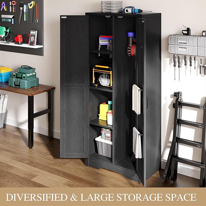 DWVO Wooden Storage Cabinet, Vacuum Cleaner Storage Compatible with Dyson Models, Utility Stand for Brooms and Mops, Cleaning Tool Cabinet with Doors for Garage