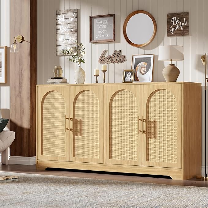 GarveeHome 59” Sideboard Buffet Cabinet - Large Credenza Storage with 4 Rattan Doors, Modern Console Table Accent Coffee Bar Cabinet for Living Room, Kitchen, Hallway, Dining Room, Entryway, Natural