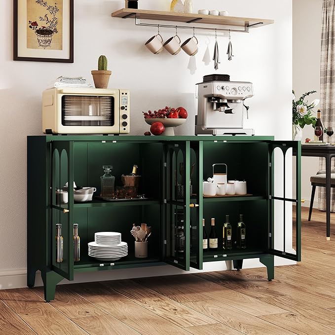 Foreate Green Sideboard Buffet Cabinet with Glass Door & LED Light, 53.2" Large Buffet Cabinet with Storage & Adjustable Shelf, Farmhouse Sideboard Credenzas Metal Kitchen Buffet