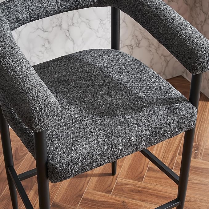 Modern Upholstered Bar Stools Set of 2, Boucle Fabric Counter Height Chairs with Metal e Armrests, Kitchen Island Bar Chairs for Home, Dining Room, Cafe,Dark Grey
