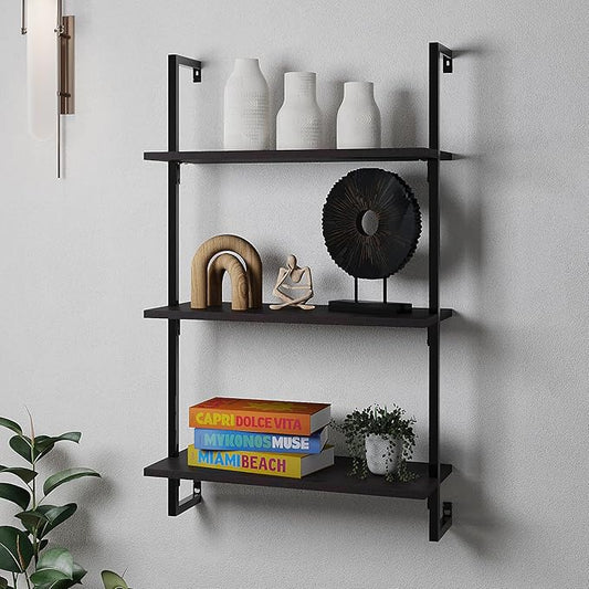 happimess MSH1000A Madera 40.55" Classic Industrial 3-Shelf Wood Wall-Mounted Open Ladder Bookcase with Metal Frame, Black