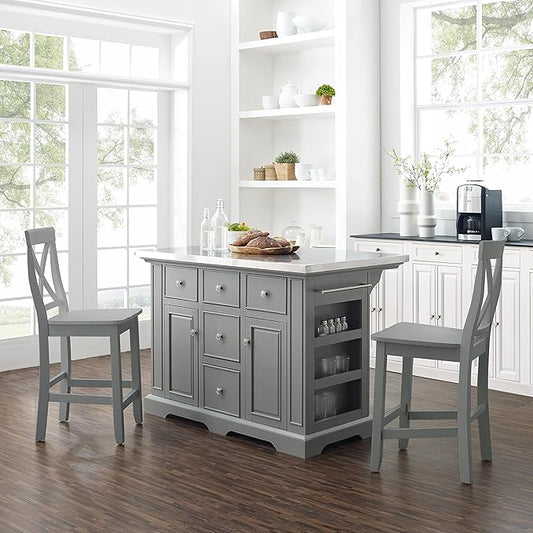 Crosley Furniture Julia Stainless Steel Top Island with Storage, Coffee Bar, and a Set of 2 X-Back Stools, Gray