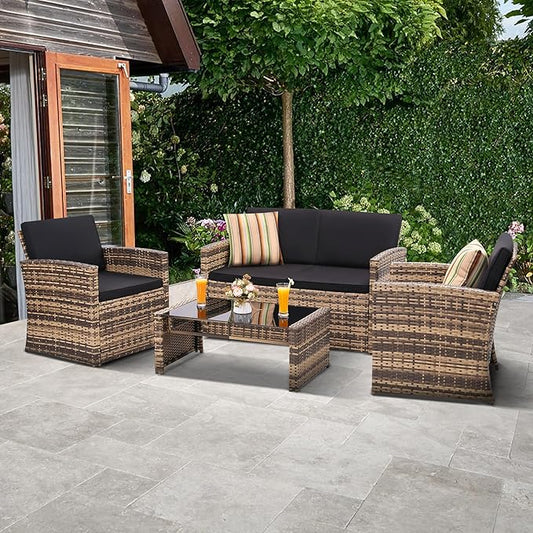 KROFEM 4-Piece Patio Furniture Set, Wicker Outdoor Rattan Sectional Sofa with Cushions and Glass Table, All-Weather Outdoor Conversation Set, Ideal for Garden, Porch, Backyard, Black