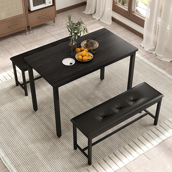 Dining Table Set for 4, Wood Kitchen Table & Chair with 2 Upholstered Benches for Breakfast Nook and Small Space, Black