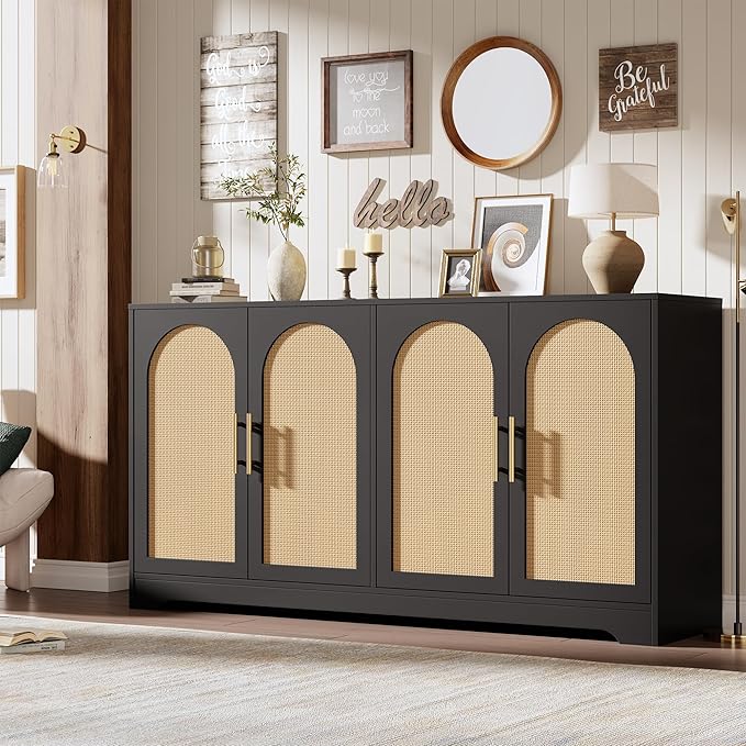 GarveeHome 59” Sideboard Buffet Cabinet - Large Credenza Storage with 4 Rattan Doors, Modern Console Table Accent Coffee Bar Cabinet for Living Room, Kitchen, Hallway, Dining Room, Entryway, Black