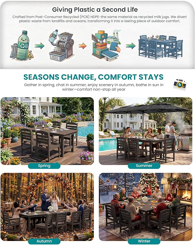 SERWALL Patio Dining Sets for 10 Person, HDPE Dining Set with 2 Tables, 8 Armless Chairs and 2 Armed Dining Chairs, Coffee