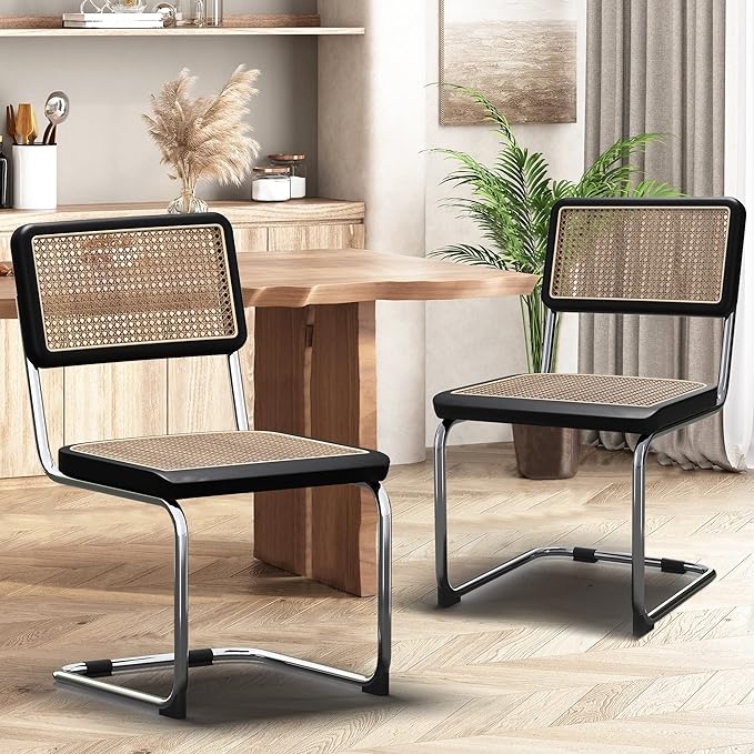 Alunaune Modern Mid Century Black Dining Chairs Set of 2, Upholstered Natural Rattan Kitchen Chairs, Armless Accent Chair Side Chairs with Metal Chrome Legs for Bedroom Living Room-Rattan Seat