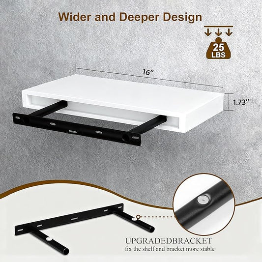 Floating Shelves for Wall(Set of 2)-16 Inch White Wood Wall Shelf with Invisible Brackets for Bathroom,Bedroom,Drawingroom,Kitchen for Decor(White 2pcs)