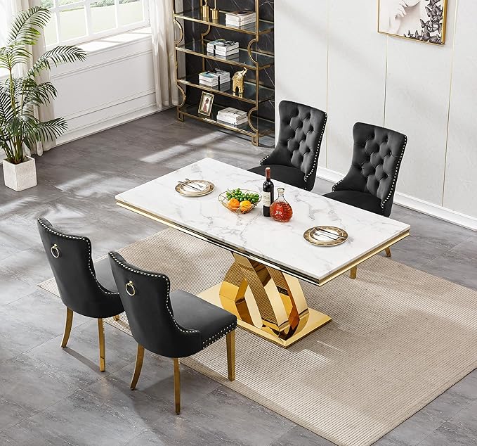 68" Faux Marble White Dining Table for 6-8, Modern Dining Room Table with 0.71" Marble Printing MDF Top and X-Shaped Gold Stainless Steel Base, Rectangle Kitchen Dinner Table