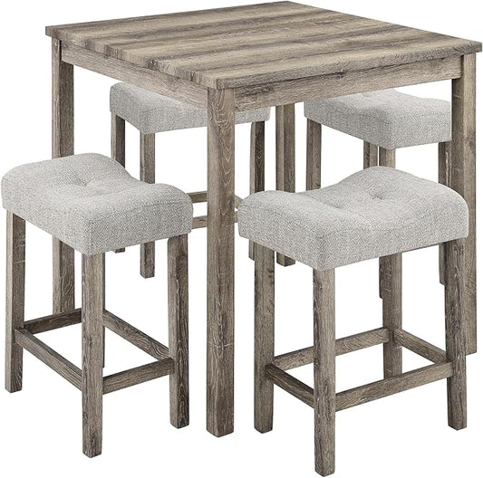 LKTART Dining Bar Table and Chairs Set 5 Piece Bar Table Set, Industrial Breakfast Table with 4 Padded Stools for Kitchen Dining Room Living Room (Brown)