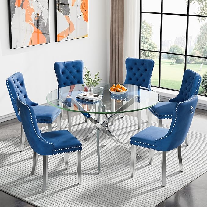 Modern Glass Dining Table Round Dining Room Table with Tempered Glass Top, Silver Metal Legs Circle Kitchen Dining Room Table for 4-6 People, 47" D x 47" W x 30" H