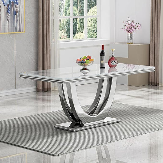 Modern Dining Table for 6-8, 68 Inch White Marble Kitchen Table with Silver Mirrored U-Shape Base, Luxurious Rectangular Faux Marble Dining Room Table for Dining Room,Living Room