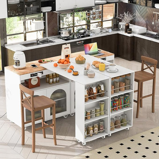 Rolling Kitchen Island with Extended Table,Kitchen Island on Wheels with LED Lights,Power Outlets and 2 Fluted Glass Doors, with a Storage Compartment and Side 3 Open Shelves (White~018)