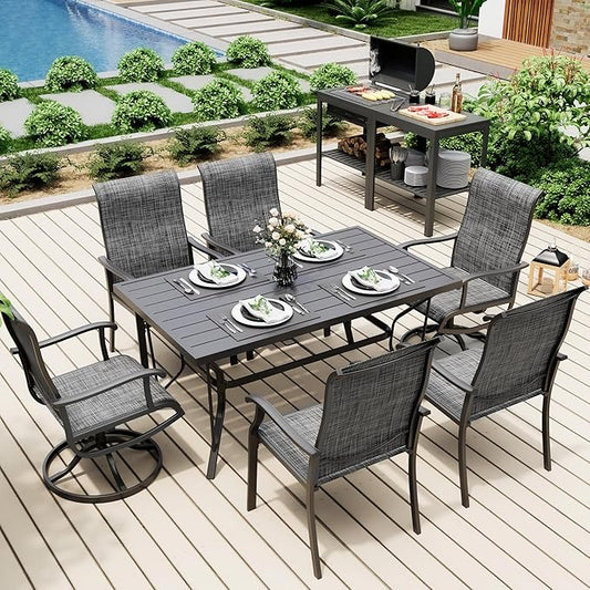 Pamapic 7-Piece Outdoor Dining Set, Patio Dining Set for 6, All-Weather Outdoor Patio Set with 2 Textilene Swivel Chairs & 4 Regular Chairs for Garden, Poolside, Deck,Gray
