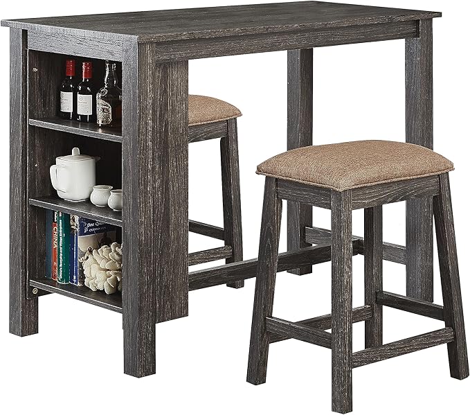 GTU Furniture 3-Piece Grey/Black Counter High Bar Set Includes Storage Table and Two Backless Barstools with Frbaic Seat