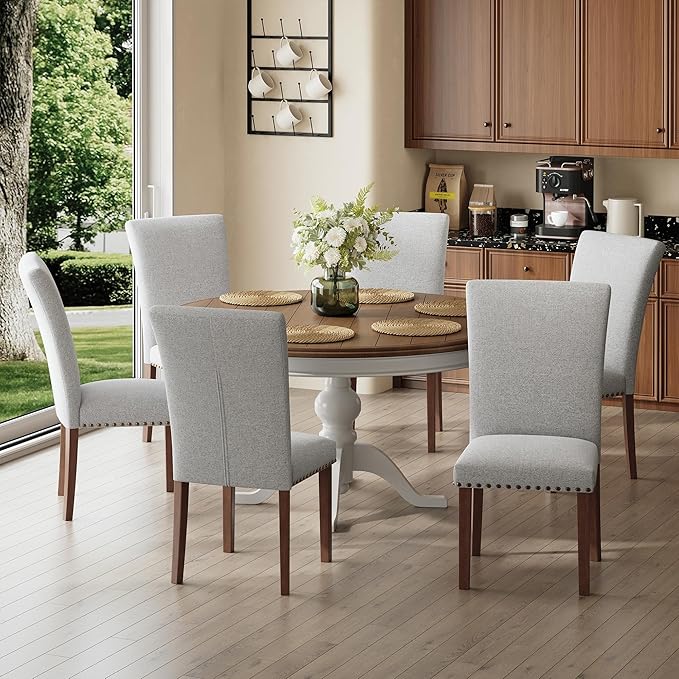 COLAMY Upholstered Parsons Dining Chairs Set of 4, Fabric Dining Room Kitchen Side Chair with Nailhead Trim and Wood Legs - Light Grey