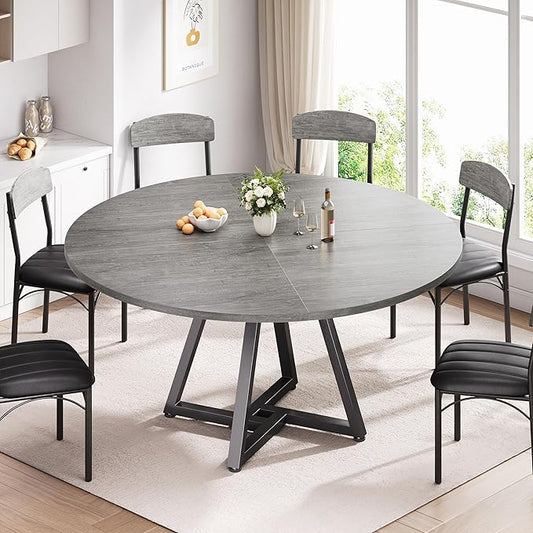 Jocoevol 51“ Round Kitchen Dining Room Table for 6-8, Circle Dining Dinner Table with Pedestal Metal Frame, Space Saving Wood Industrial Furniture for Small Space (Grey, 51In)